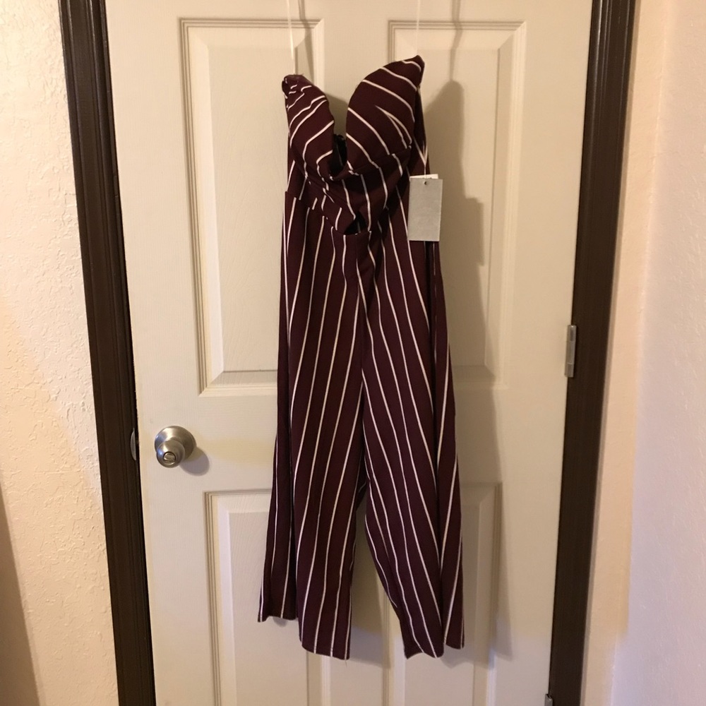 Maroon and white pin-striped romper